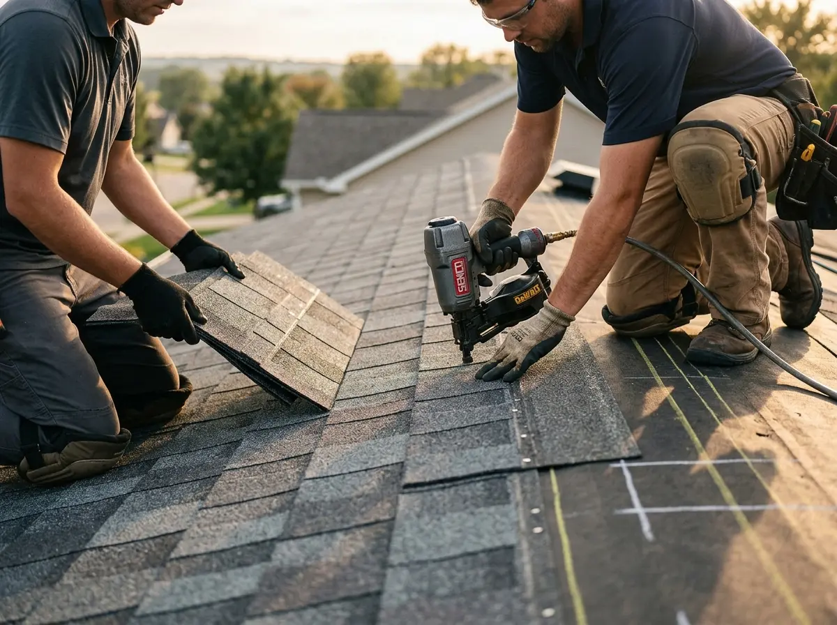 Professional roofer working on a residential roof in Passaic